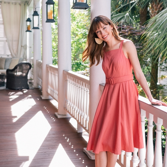 Anthropologie x Gal Meets Glam Dress Midi Linen Square Neck Ruth Swing Pink Belt - Picture 6 of 9
